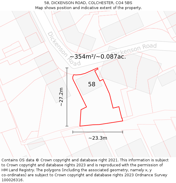 58, DICKENSON ROAD, COLCHESTER, CO4 5BS: Plot and title map