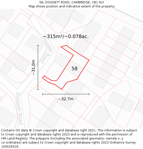 58, DOGGETT ROAD, CAMBRIDGE, CB1 9LF: Plot and title map