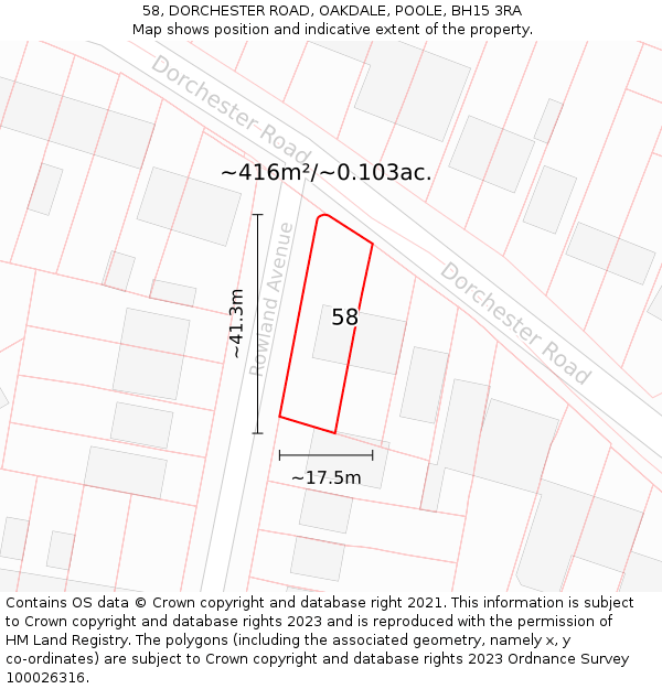 58, DORCHESTER ROAD, OAKDALE, POOLE, BH15 3RA: Plot and title map