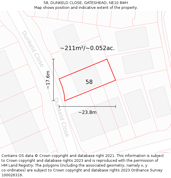 58, DUNKELD CLOSE, GATESHEAD, NE10 8WH: Plot and title map