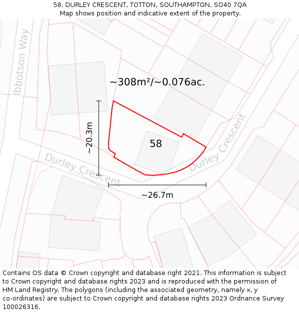 58, DURLEY CRESCENT, TOTTON, SOUTHAMPTON, SO40 7QA: Plot and title map