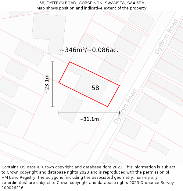 58, DYFFRYN ROAD, GORSEINON, SWANSEA, SA4 6BA: Plot and title map