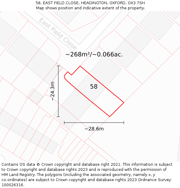 58, EAST FIELD CLOSE, HEADINGTON, OXFORD, OX3 7SH: Plot and title map