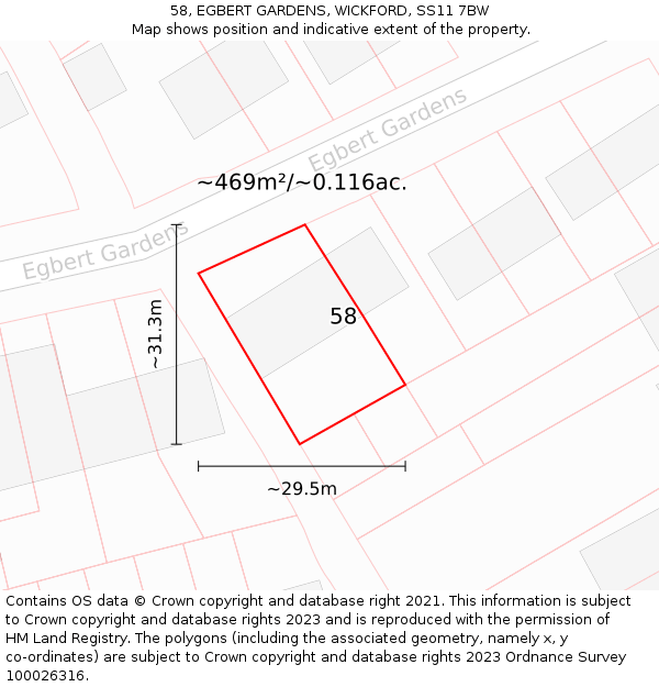 58, EGBERT GARDENS, WICKFORD, SS11 7BW: Plot and title map