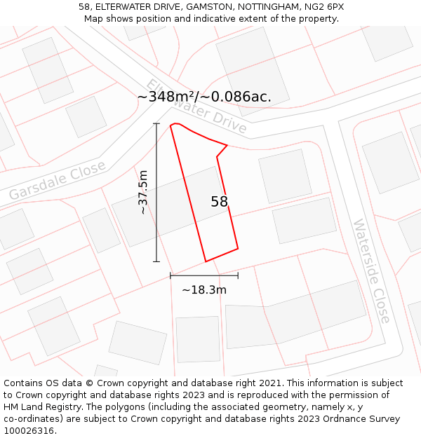 58, ELTERWATER DRIVE, GAMSTON, NOTTINGHAM, NG2 6PX: Plot and title map