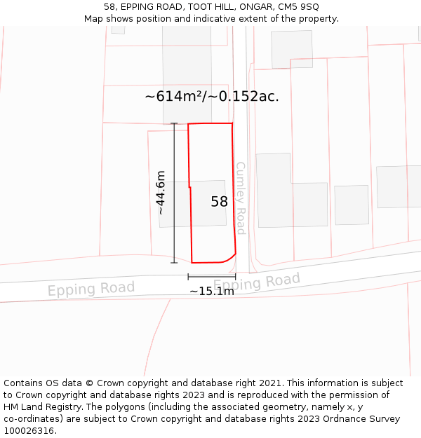 58, EPPING ROAD, TOOT HILL, ONGAR, CM5 9SQ: Plot and title map