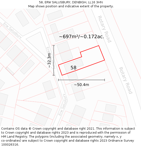 58, ERW SALUSBURY, DENBIGH, LL16 3HN: Plot and title map