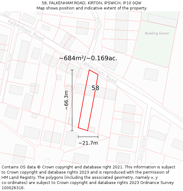 58, FALKENHAM ROAD, KIRTON, IPSWICH, IP10 0QW: Plot and title map