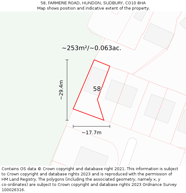 58, FARMERIE ROAD, HUNDON, SUDBURY, CO10 8HA: Plot and title map