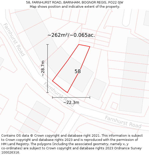 58, FARNHURST ROAD, BARNHAM, BOGNOR REGIS, PO22 0JW: Plot and title map