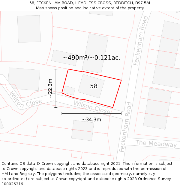 58, FECKENHAM ROAD, HEADLESS CROSS, REDDITCH, B97 5AL: Plot and title map