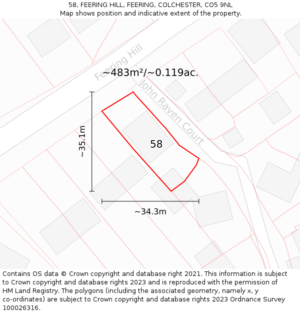 58, FEERING HILL, FEERING, COLCHESTER, CO5 9NL: Plot and title map