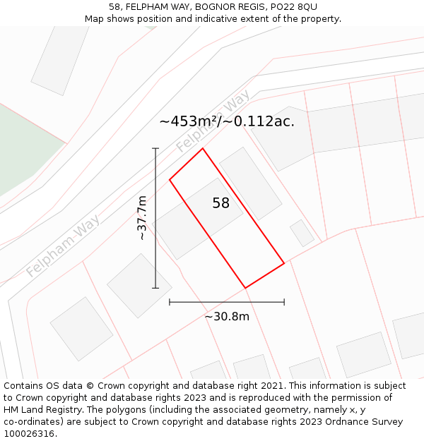 58, FELPHAM WAY, BOGNOR REGIS, PO22 8QU: Plot and title map