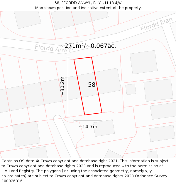 58, FFORDD ANWYL, RHYL, LL18 4JW: Plot and title map