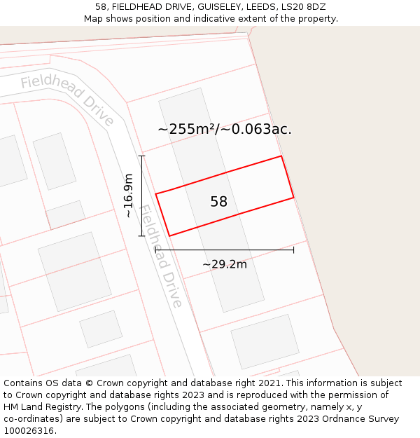 58, FIELDHEAD DRIVE, GUISELEY, LEEDS, LS20 8DZ: Plot and title map