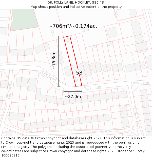 58, FOLLY LANE, HOCKLEY, SS5 4SJ: Plot and title map