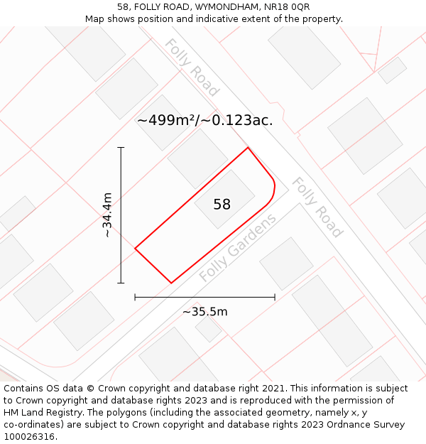 58, FOLLY ROAD, WYMONDHAM, NR18 0QR: Plot and title map