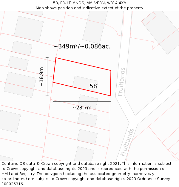 58, FRUITLANDS, MALVERN, WR14 4XA: Plot and title map