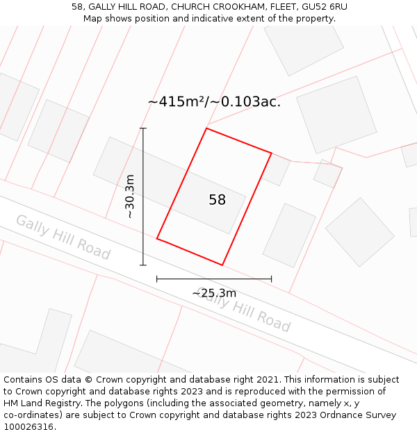 58, GALLY HILL ROAD, CHURCH CROOKHAM, FLEET, GU52 6RU: Plot and title map