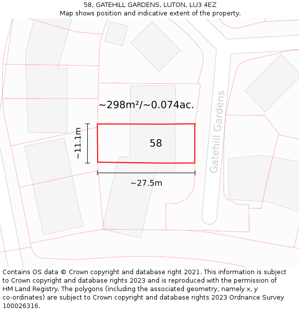 58, GATEHILL GARDENS, LUTON, LU3 4EZ: Plot and title map