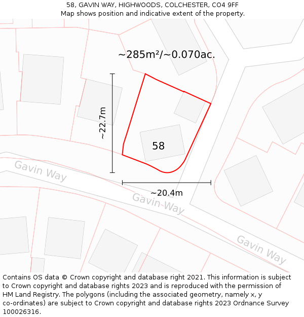 58, GAVIN WAY, HIGHWOODS, COLCHESTER, CO4 9FF: Plot and title map