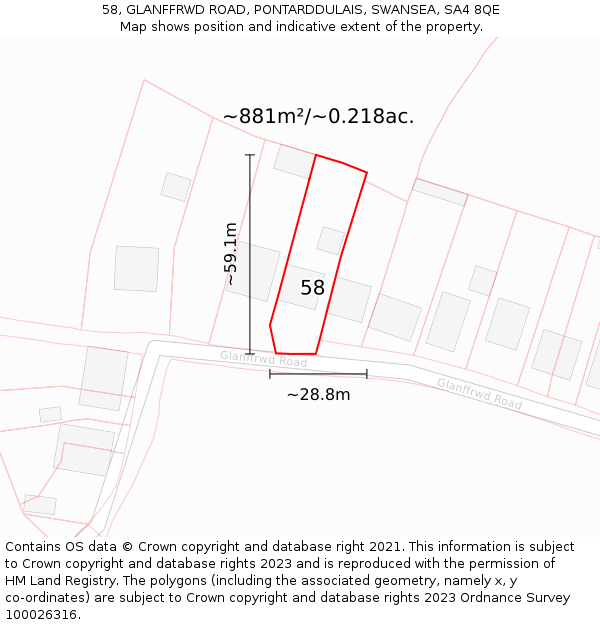 58, GLANFFRWD ROAD, PONTARDDULAIS, SWANSEA, SA4 8QE: Plot and title map