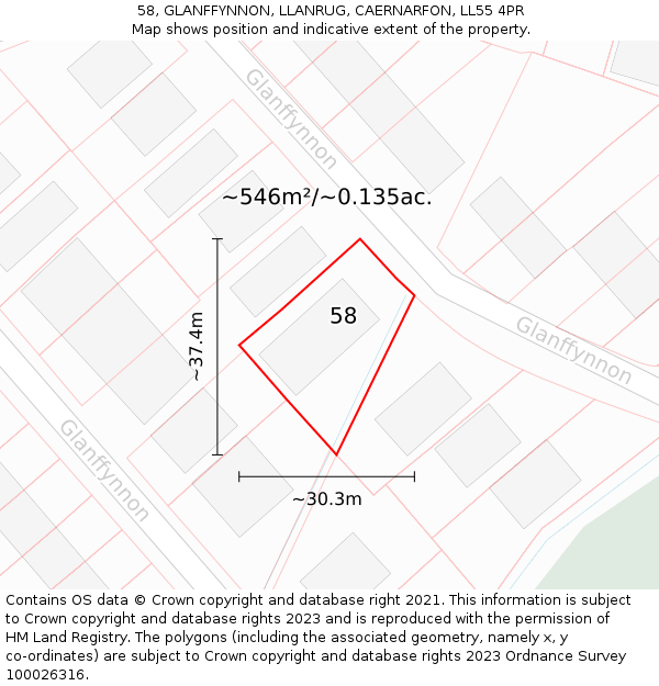 58, GLANFFYNNON, LLANRUG, CAERNARFON, LL55 4PR: Plot and title map