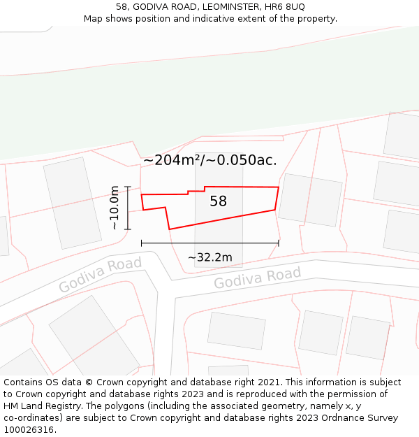 58, GODIVA ROAD, LEOMINSTER, HR6 8UQ: Plot and title map