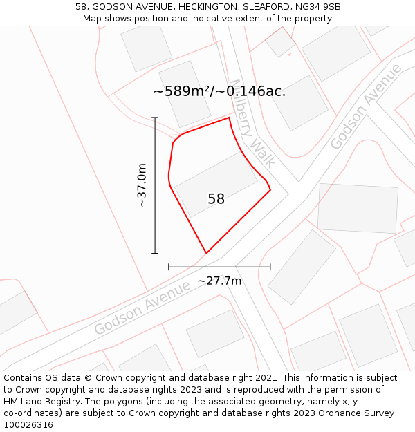 58, GODSON AVENUE, HECKINGTON, SLEAFORD, NG34 9SB: Plot and title map