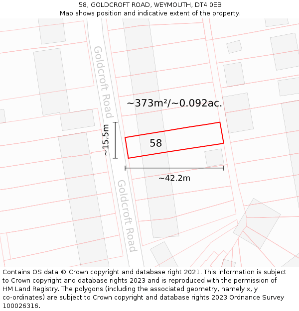 58, GOLDCROFT ROAD, WEYMOUTH, DT4 0EB: Plot and title map