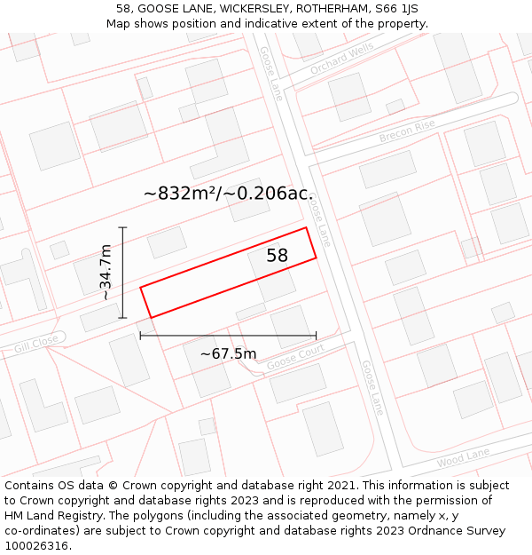 58, GOOSE LANE, WICKERSLEY, ROTHERHAM, S66 1JS: Plot and title map