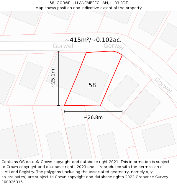 58, GORWEL, LLANFAIRFECHAN, LL33 0DT: Plot and title map