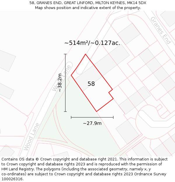 58, GRANES END, GREAT LINFORD, MILTON KEYNES, MK14 5DX: Plot and title map