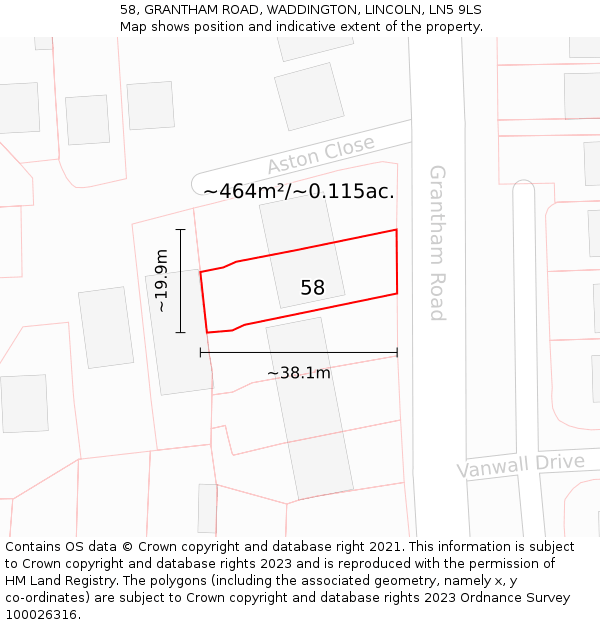 58, GRANTHAM ROAD, WADDINGTON, LINCOLN, LN5 9LS: Plot and title map