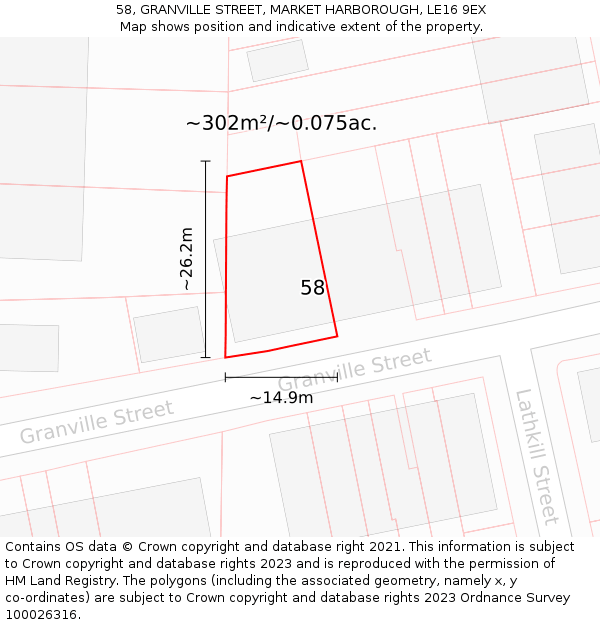 58, GRANVILLE STREET, MARKET HARBOROUGH, LE16 9EX: Plot and title map