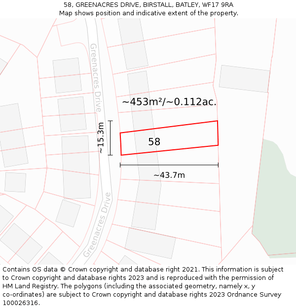 58, GREENACRES DRIVE, BIRSTALL, BATLEY, WF17 9RA: Plot and title map