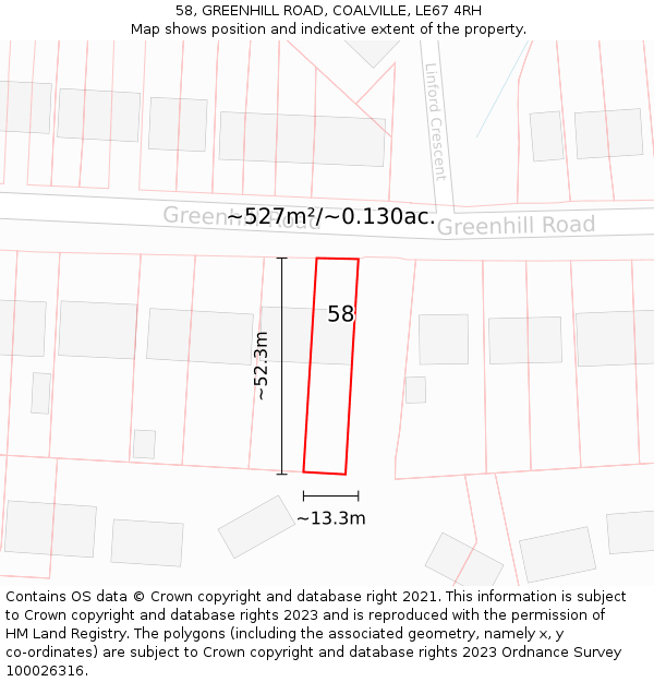 58, GREENHILL ROAD, COALVILLE, LE67 4RH: Plot and title map