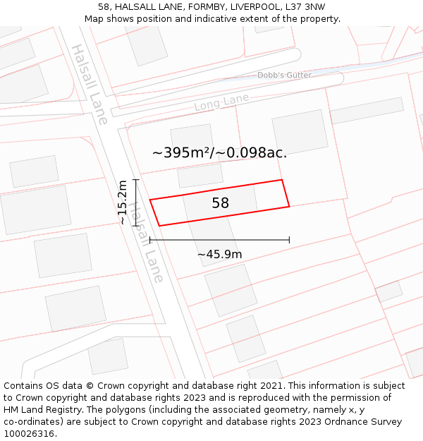58, HALSALL LANE, FORMBY, LIVERPOOL, L37 3NW: Plot and title map