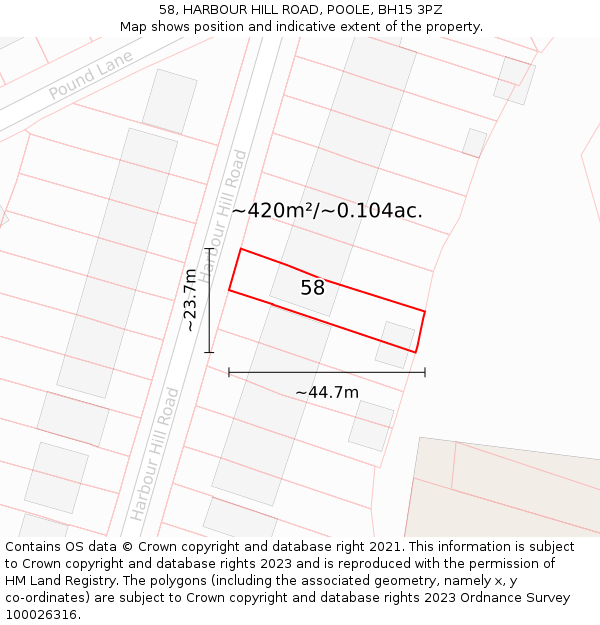 58, HARBOUR HILL ROAD, POOLE, BH15 3PZ: Plot and title map