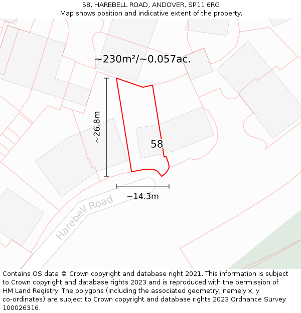 58, HAREBELL ROAD, ANDOVER, SP11 6RG: Plot and title map