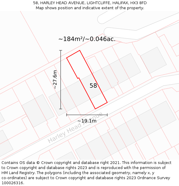 58, HARLEY HEAD AVENUE, LIGHTCLIFFE, HALIFAX, HX3 8FD: Plot and title map