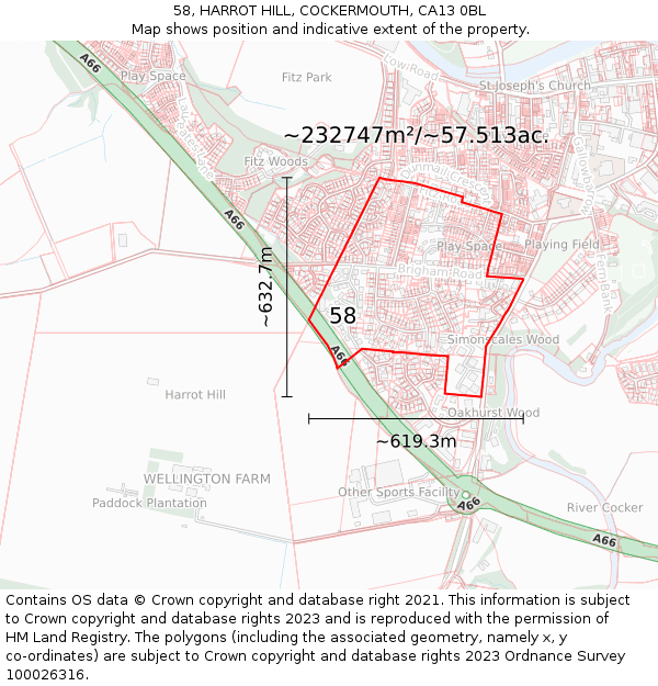 58, HARROT HILL, COCKERMOUTH, CA13 0BL: Plot and title map