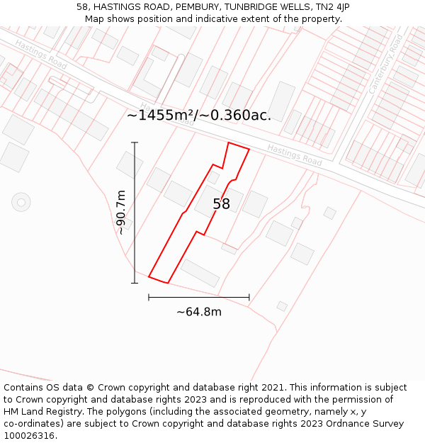 58, HASTINGS ROAD, PEMBURY, TUNBRIDGE WELLS, TN2 4JP: Plot and title map