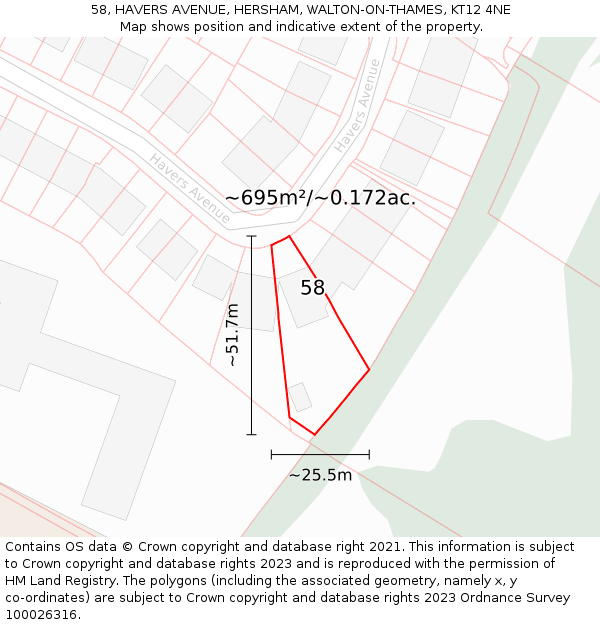 58, HAVERS AVENUE, HERSHAM, WALTON-ON-THAMES, KT12 4NE: Plot and title map