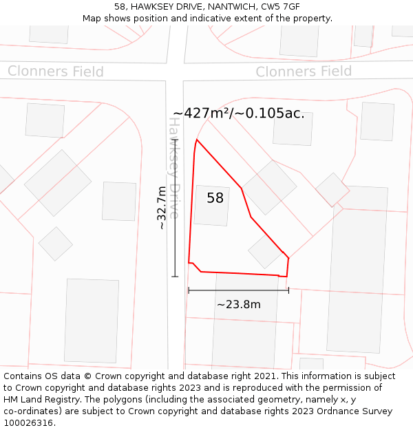 58, HAWKSEY DRIVE, NANTWICH, CW5 7GF: Plot and title map