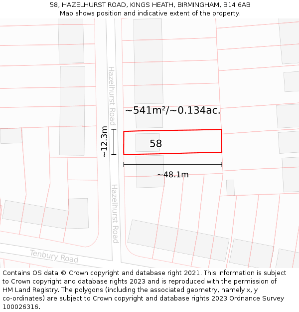 58, HAZELHURST ROAD, KINGS HEATH, BIRMINGHAM, B14 6AB: Plot and title map