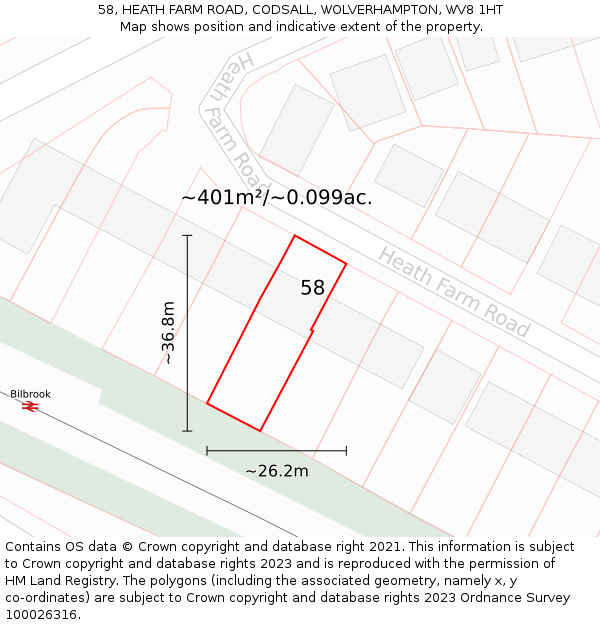 58, HEATH FARM ROAD, CODSALL, WOLVERHAMPTON, WV8 1HT: Plot and title map