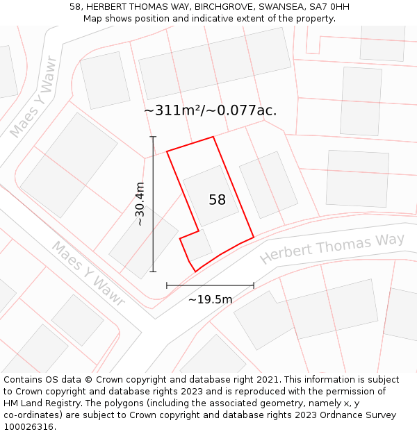 58, HERBERT THOMAS WAY, BIRCHGROVE, SWANSEA, SA7 0HH: Plot and title map