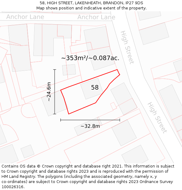 58, HIGH STREET, LAKENHEATH, BRANDON, IP27 9DS: Plot and title map