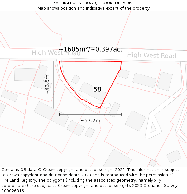 58, HIGH WEST ROAD, CROOK, DL15 9NT: Plot and title map